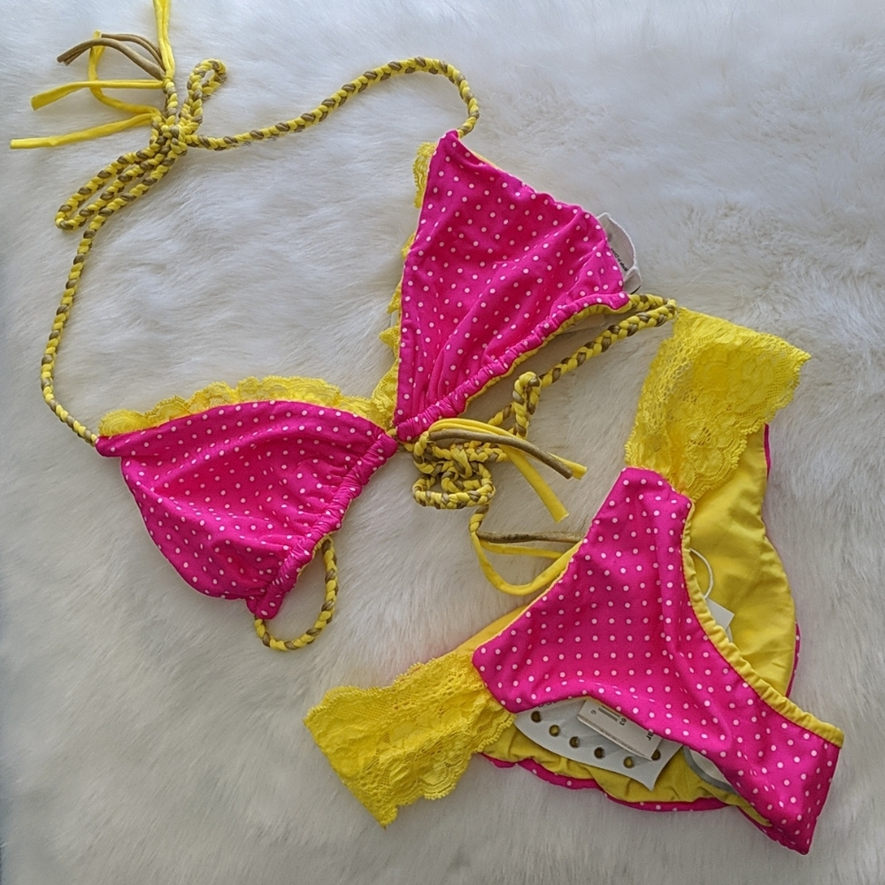 Beach Bunny Pink and Yellow Polka Dot Lace Bikini Set